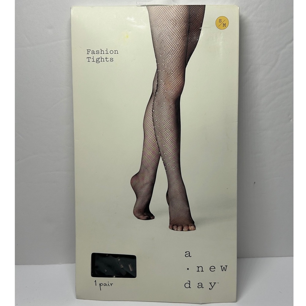 A New Day Black Fishnet Fashion Tights Size‎ S/M Rhinestone Embellished New